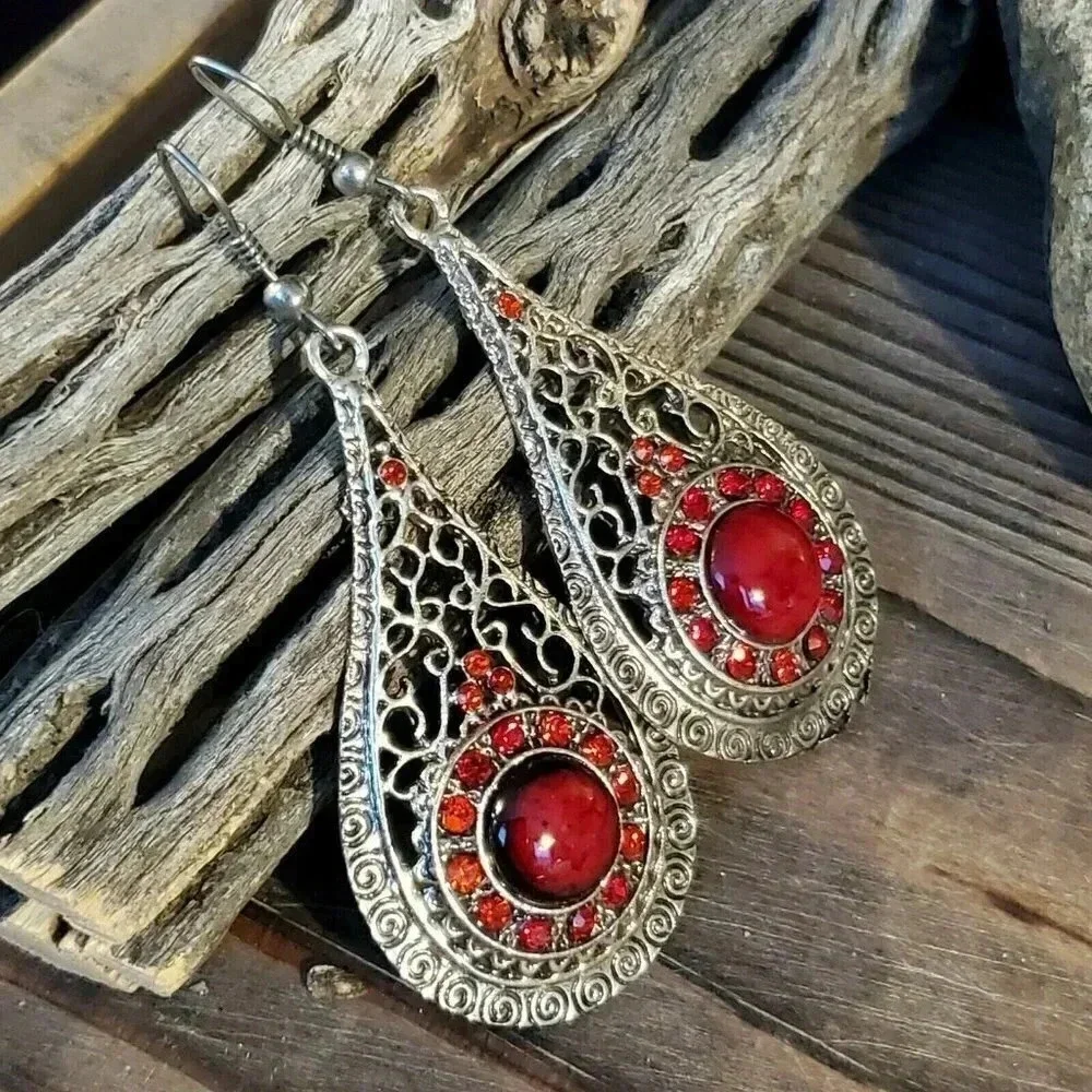 NEW Vintage 90s Lacy Red Antique Silver Acrylic Crystal Teardrop Earrings